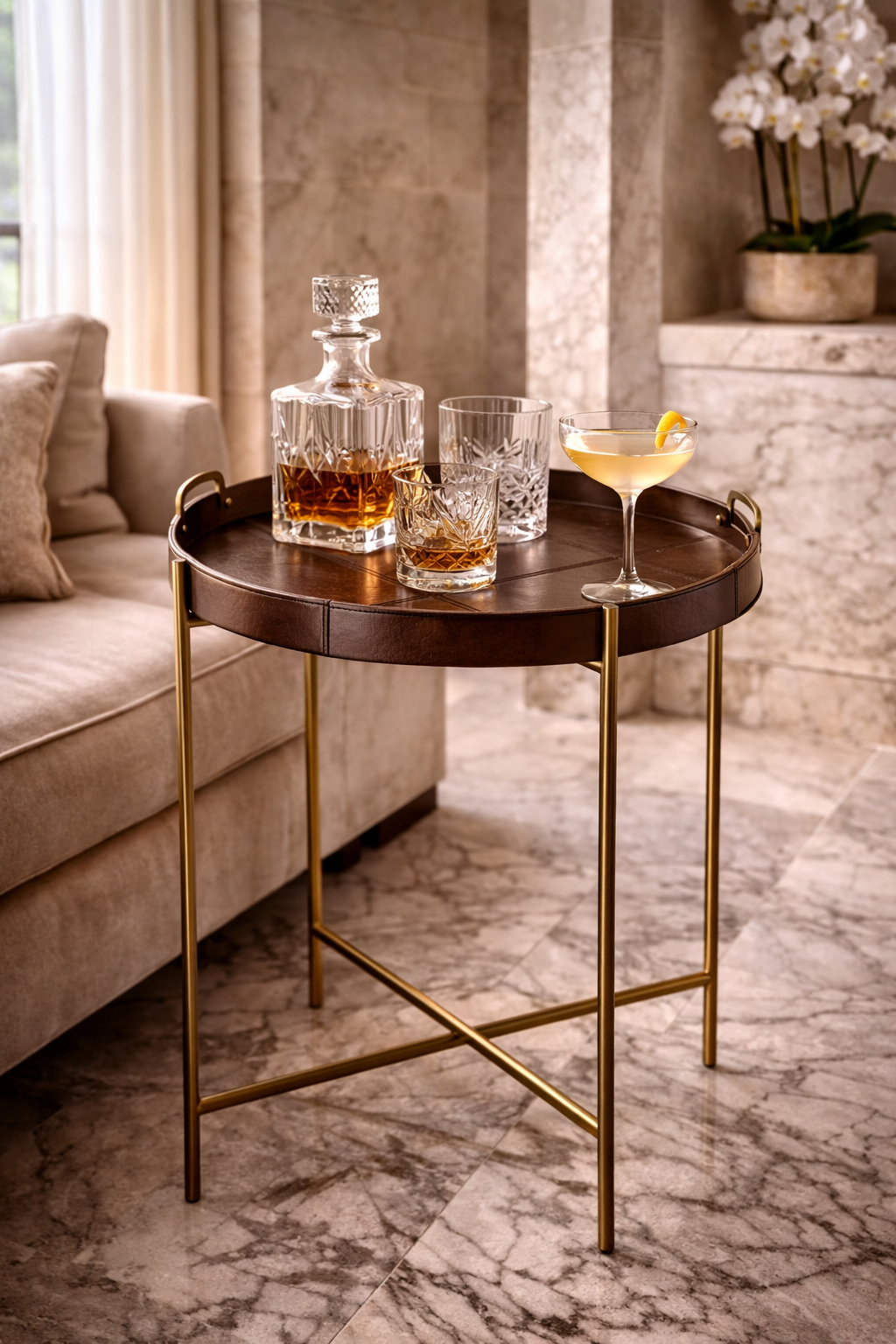 Mesa Lateral con Bandeja Redonda Aspen de Cuero