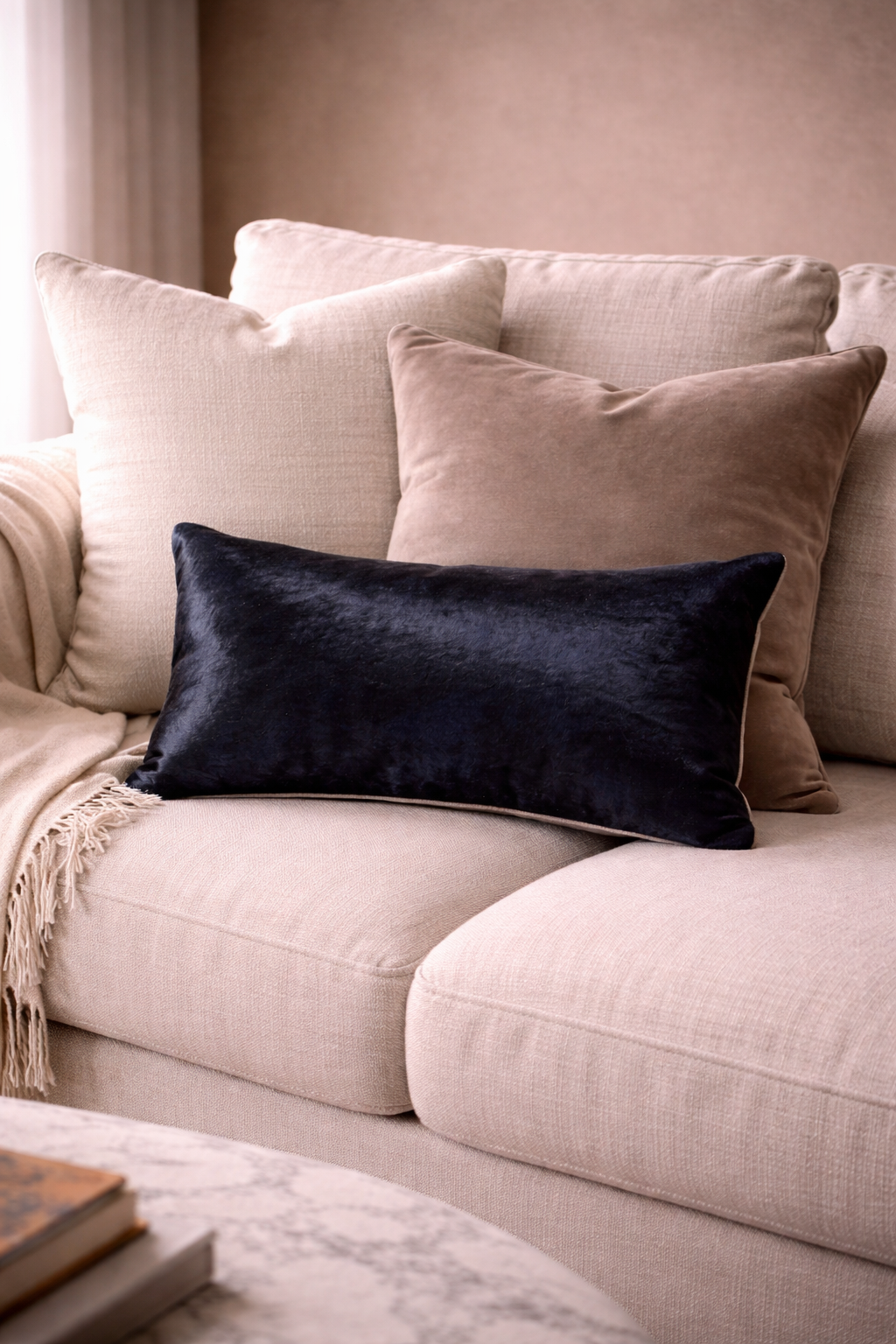 Cojín Corviglia Hair-On-Hide Leather en color Navy. 12 x 20 pulgadas