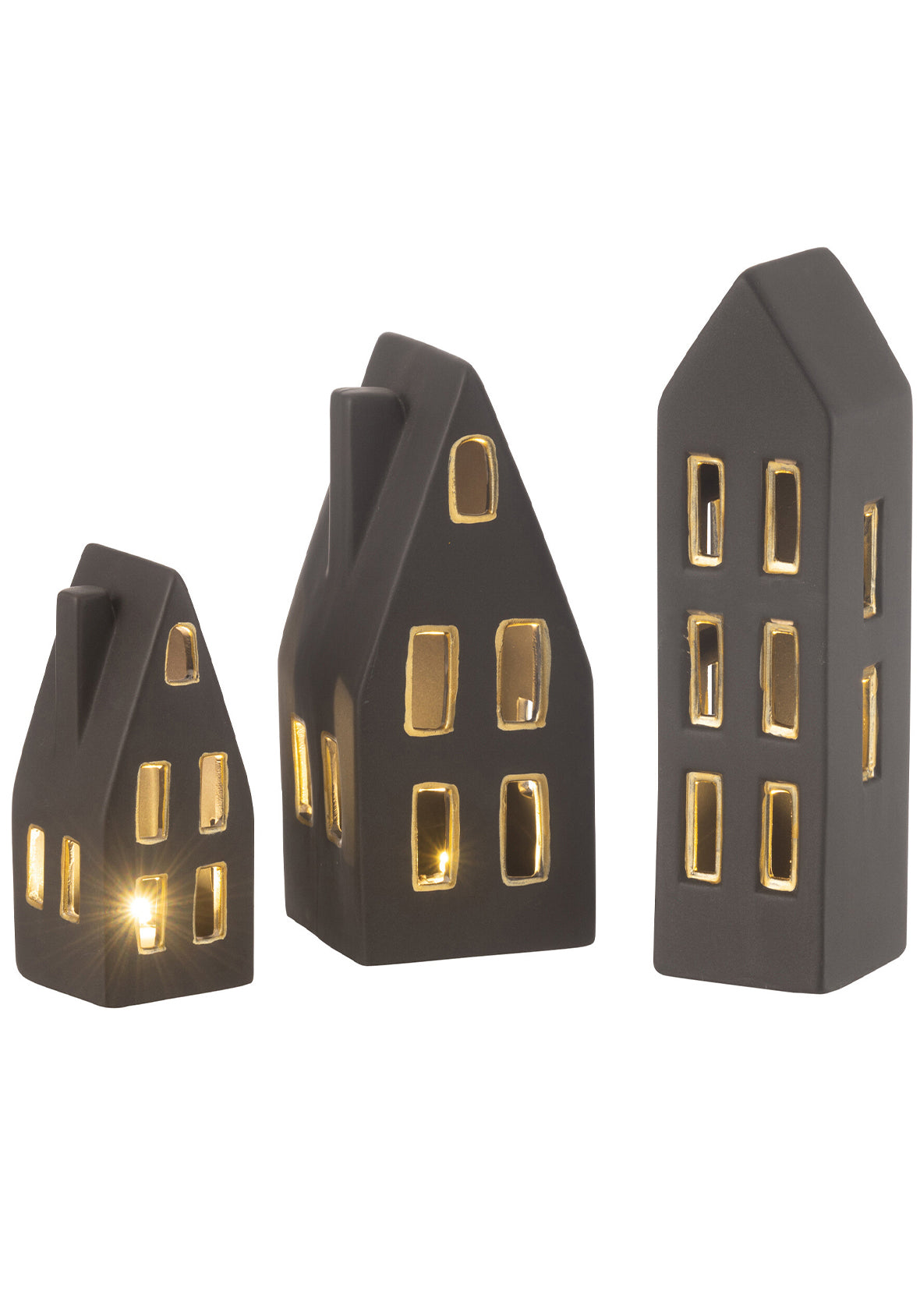 Set de 3 Casas LED de Porcelana Negra con Dorado – Decoración Navideña