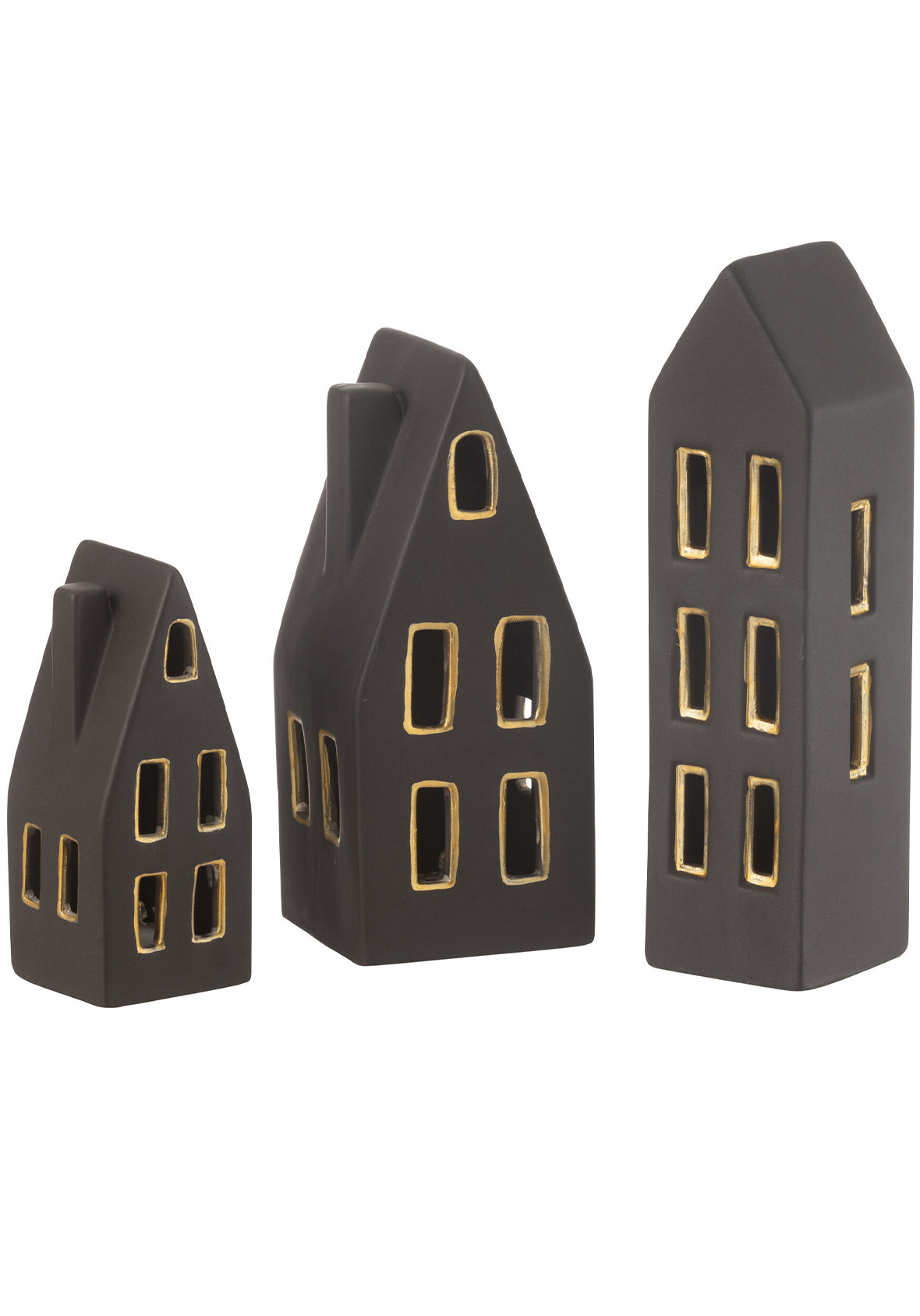 Set de 3 Casas LED de Porcelana Negra con Dorado – Decoración Navideña
