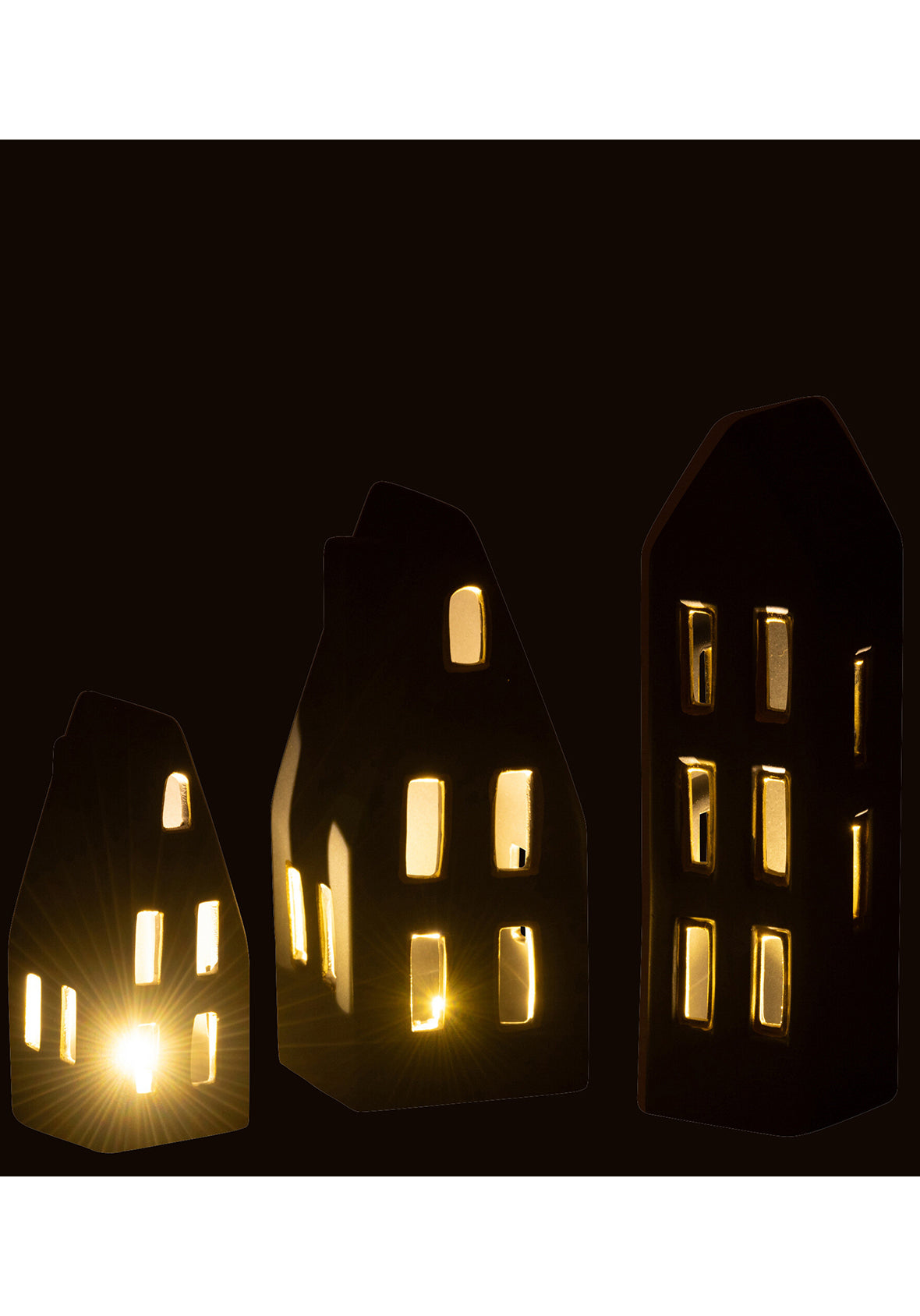 Set de 3 Casas LED de Porcelana Negra con Dorado – Decoración Navideña